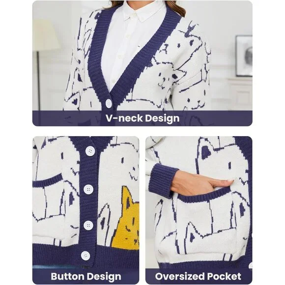 Cat Sweater for Women Oversized Button Down V Neck Knit Cardigan Cute Kawaii Car - Picture 6 of 7